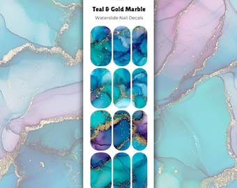 Marble Nail Decals – Blue & Purple Waterslide Nail Wraps with Gold Accents – Elegant Ink Art Nail Design – DIY Nail Art for Dip Powder