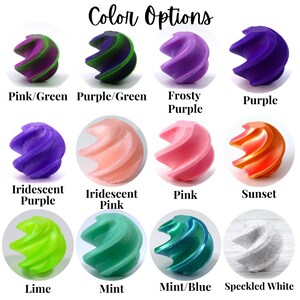 May include: A grid of twelve spiral-shaped objects labeled Color Options, featuring various finishes including pink/green, purple/green, frosty purple, purple, iridescent purple, iridescent pink, pink, sunset, lime, mint, mint/blue, and speckled white.