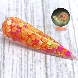 Bubblegum Pop - pink and yellow glow in the dark glitter dip powder for summer nails, dip powder topper