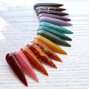 Autumn Harvest Collection glitter dip powder nails for fall and autumn, fine glitter colored acrylic set