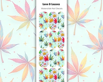 Love & Leaves Waterslide Nail Decals, Colorful Leaf Nail Art, Retro Boho Nails, Cute Botanical Nail Transfers, Nail Wrap