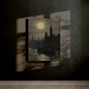 Puede incluir: Una pintura de una ciudad nocturna con una luna llena en el cielo. La ciudad est&aacute; silueteada contra el cielo iluminado por la luna, y hay varios barcos en el agua en primer plano. La pintura est&aacute; realizada en un estilo oscuro y melanc&oacute;lico.