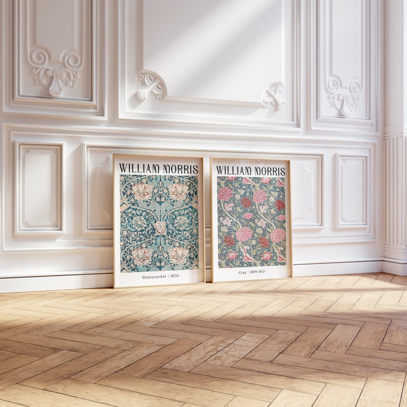 May include: Two framed prints of floral patterns by William Morris. The print on the left is titled "Honeysuckle" and the print on the right is titled "Cray" with the date 1875-1877.