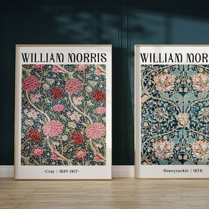 May include: Two framed prints of William Morris floral designs. The left print features a blue background with pink and red flowers and the text "Cray | 1889-1917." The right print features a blue background with white and orange flowers and the text "Honeysuckle | 1876."