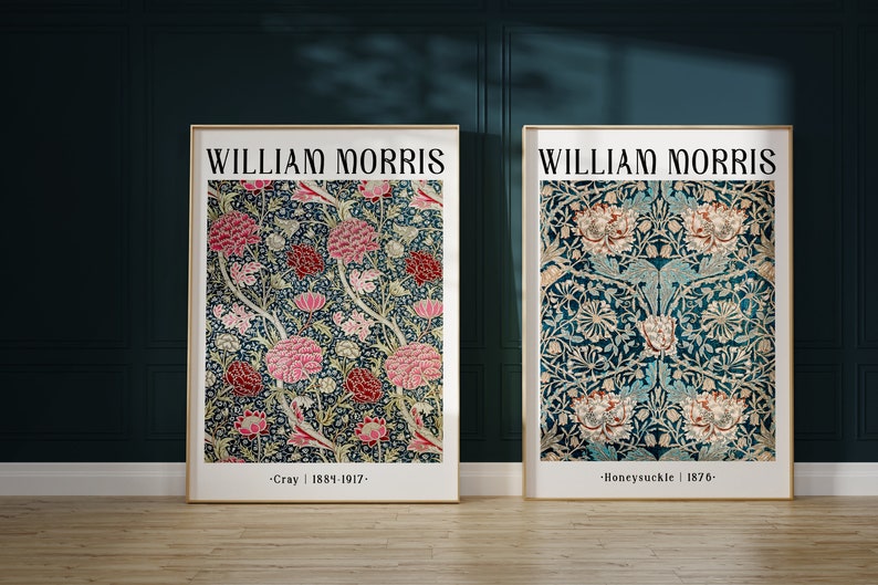 May include: Two framed prints of William Morris floral designs. The left print features a blue background with pink and red flowers and the text "Cray | 1889-1917." The right print features a blue background with white and orange flowers and the text "Honeysuckle | 1876."