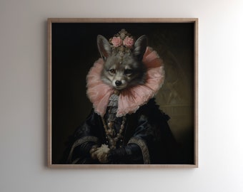 Lady Fox - Dark Academia Style - Victorian Decor - Vintage moody Decor - Victorian aesthetic - Fox Painting - Vintage Oil Painting -Wall Art