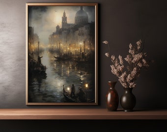 Póster de Venecia - Arte mural oscuro - Estilo Dark Academia - Póster de viaje vintage - Venecia - Impresión victoriana - Pintura Dark Academia - Póster de ciudad