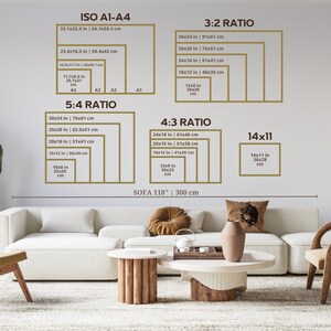 Pu&ograve; includere: Un diagramma che mostra diversi rapporti d'aspetto per le opere d'arte, tra cui ISO A1-A4, 3:2, 5:4, 4:3 e 14x11. Il diagramma include misure in pollici e centimetri. Il testo "SOFA 118" | 300 cm" &egrave; in fondo al diagramma.