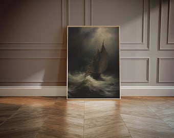 Barco vintage - Pintura oscura y melancólica - Estilo Academia Oscura - Arte vintage oscuro - Arte mural melancólico - Pintura al óleo vintage - Pintura al óleo oscura