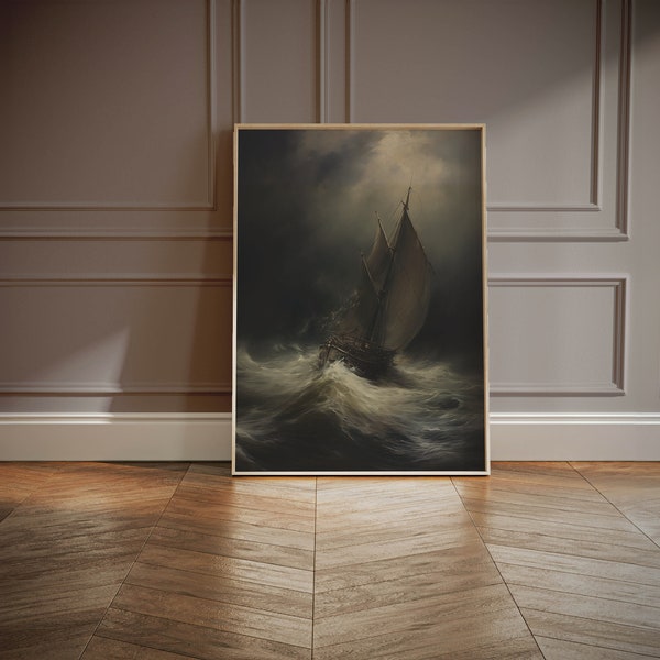 Vintage Ship Oil Painting -Dark Academia - Digital Download - antique ship artwork - maritime history - unique vintage oil paintings