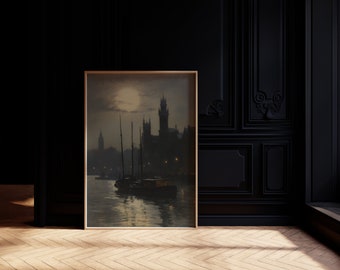 Moody London - Dark Academia Style - Dark Oil Painting - Wall Art -Vintage Travel Poster - Dark vintage Art - Dark Wall Art - Moody Painting