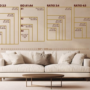May include: A diagram showing different aspect ratios for framing art, including 2:3, 3:4, and 4:5. The diagram also shows the standard ISO paper sizes A1, A2, A3, and A4. The diagram is displayed on a wall with a white couch and a lamp in front of it.