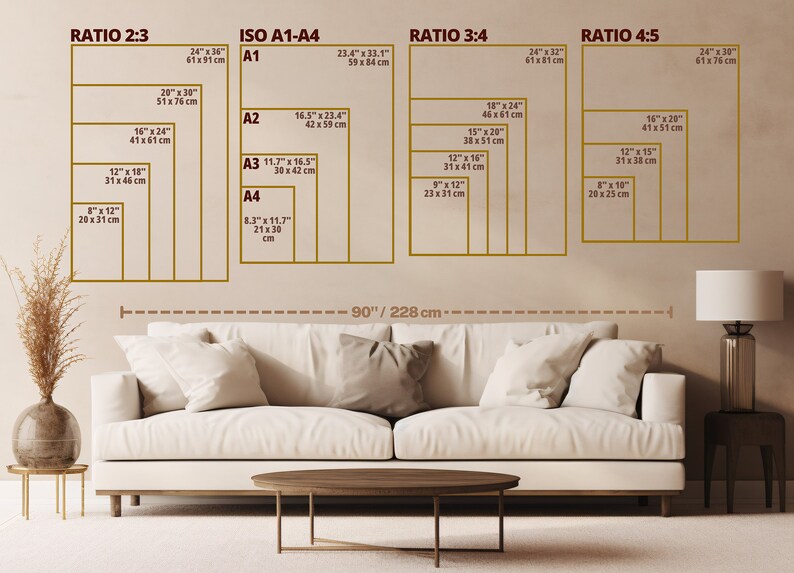 May include: A diagram showing different aspect ratios for framing art, including 2:3, 3:4, and 4:5. The diagram also shows the standard ISO paper sizes A1, A2, A3, and A4. The diagram is displayed on a wall with a white couch and a lamp in front of it.