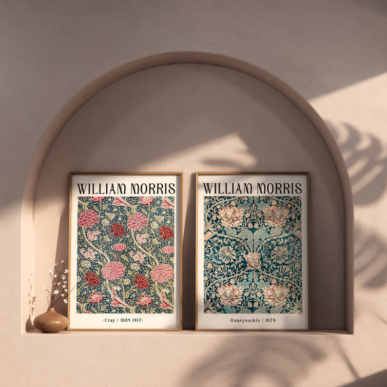 May include: Two framed prints of floral patterns by William Morris. The left print is titled "Cray" and dates to 1881-1917. The right print is titled "Honeysuckle" and dates to 1876.