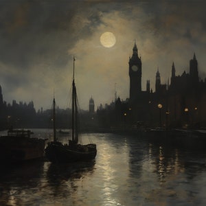 Pu&ograve; includere: Un dipinto che rappresenta le Case del Parlamento a Londra, in Inghilterra, di notte. L'edificio &egrave; in silhouette contro un cielo scuro con una luna piena che brilla intensamente. Due barche sono ormeggiate sul Tamigi in primo piano.