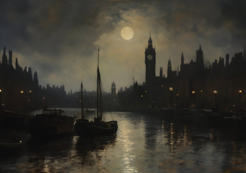 Pu&ograve; includere: Un dipinto che rappresenta le Case del Parlamento a Londra, in Inghilterra, di notte. L'edificio &egrave; in silhouette contro un cielo scuro con una luna piena che brilla intensamente. Due barche sono ormeggiate sul Tamigi in primo piano.