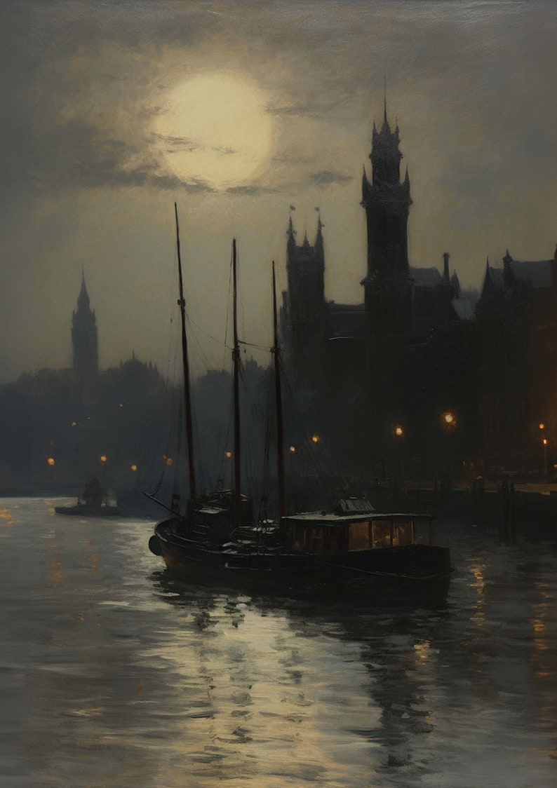 Puede incluir: Una pintura de un paisaje urbano oscuro y ba&ntilde;ado por la luna, con una gran luna llena en el cielo. Un velero est&aacute; atracado en el agua en primer plano, con un edificio alto en el fondo.