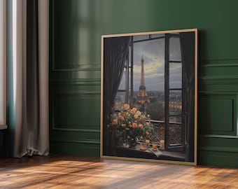 Bloomy Paris - Dark Academia Style - Dark Oil Painting - Wall Art -Vintage Travel Poster - Dark vintage Art - Dark Wall Art - Moody Painting