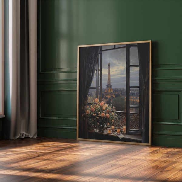 Bloomy Paris - Dark Academia Style - Dark Oil Painting - Wall Art -Vintage Travel Poster - Dark vintage Art - Paris Poster - Moody Painting