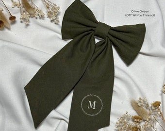 Large Linen Hair Bow with Embroidered Initial (Personalised)