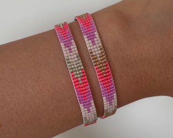 Handmade Miyuki Delica beaded bracelet adjustable stainless steel gold or silver, pink purple red beige arrow ethnic pattern boho ibiza