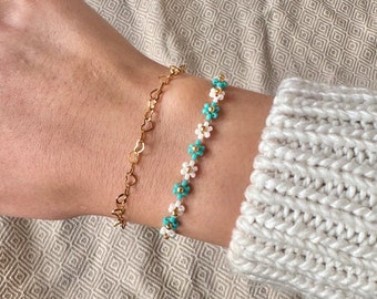 Daisy Flower Beaded Bracelet Turquoise Blue Green White Gold Silver Adjustable Floral Jewelry Personalized Flowers