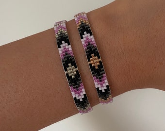 Handmade Miyuki Delica beaded bracelet adjustable stainless steel gold or silver, black dark grey pink arrow ethnic pattern boho ibiza