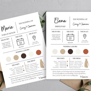 Cartão de informações para madrinhas, Modelo de cartão de proposta editável para madrinhas, Cartão de informações para festa de casamento, Modelo Canva, Rústico moderno, Detalhes do casamento