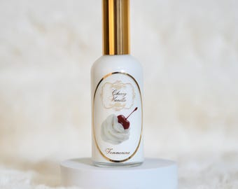 Perfume corporal de vainilla y cereza, leche capilar, de alta calidad y larga duración, seguro para el cabello, en un lujoso envase de vidrio.