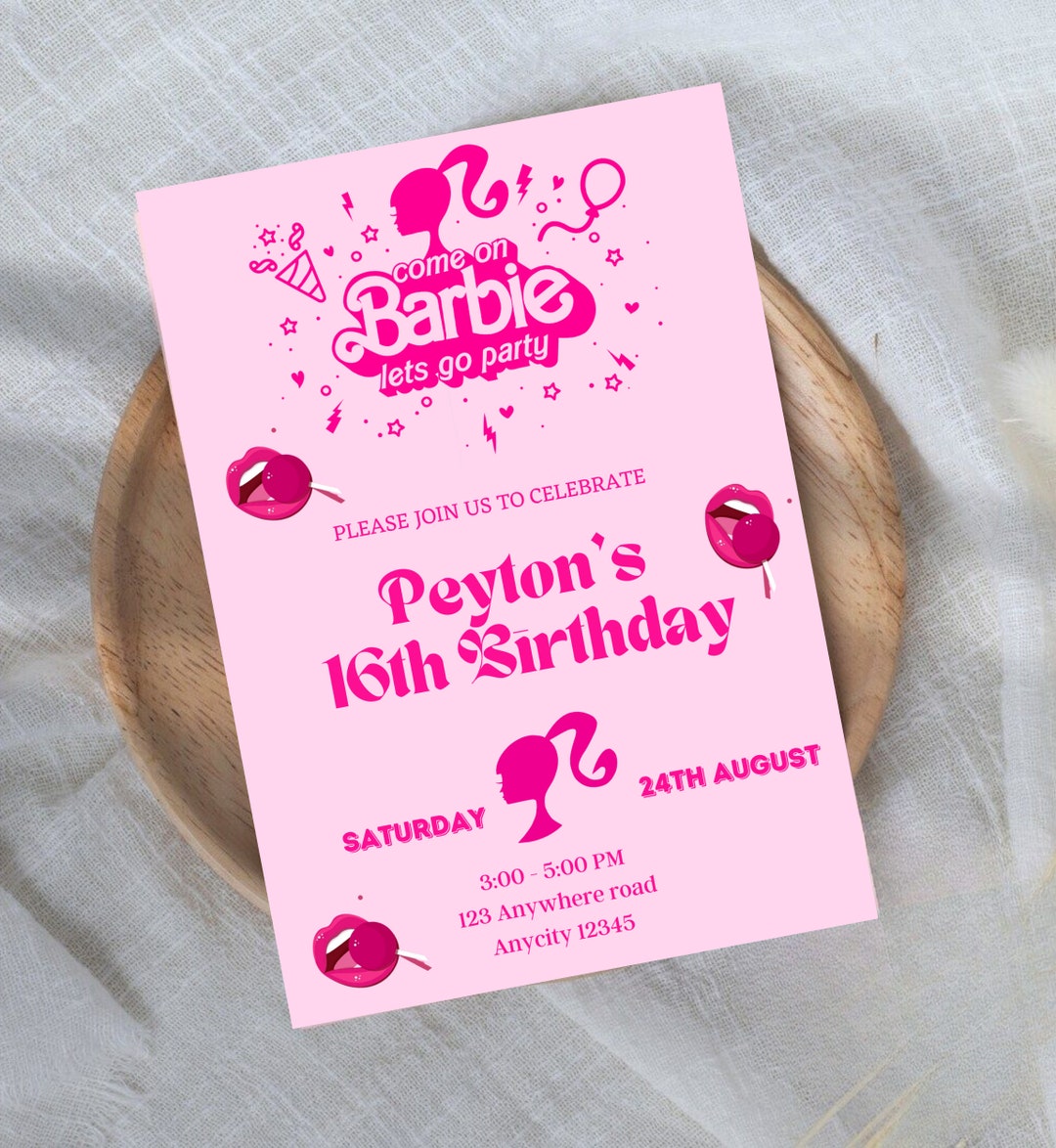 Barbie Themed Birthday Invitation Card Hot Pink Birthday - Etsy