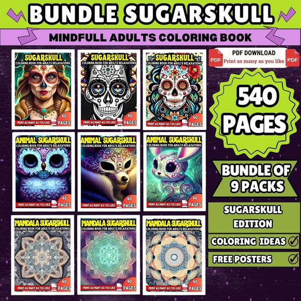 BÜNDEL Sugarskull 540 Malvorlagen | Druckbares Malbuch | Malvorlagen für Erwachsene | PDF Ausmalen | Digitaler Download