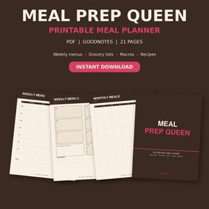 Może przedstawiać: Cyfrowy planer posiłków zatytułowany MEAL PREP QUEEN, zawierający 21 stron z menu tygodniowymi, listami zakupów, makroskładnikami i przepisami. Zestaw zawiera ciemnobrązową okładkę oraz kremowe strony wewnętrzne z czarnym tekstem.
