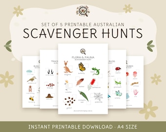 May include: A set of five printable A4 size Australian scavenger hunt sheets featuring colorful illustrations of flora and fauna. Each sheet includes checkboxes next to items like a kangaroo, butterfly, lizard, and various nature elements.