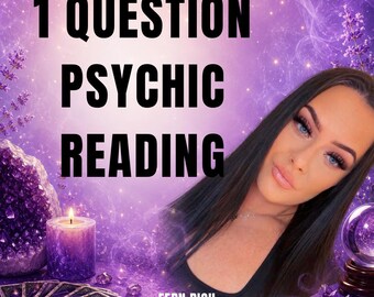 May include: A purple-themed image with the text "1 QUESTION PSYCHIC READING." The image includes a woman, a lit candle, crystals, tarot cards, and a crystal ball. The text "FERN RICH INTUITIVE PSYCHIC MEDIUM" is also present.