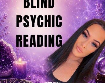 May include: An image with the text "BLIND PSYCHIC READING" in large black letters. The background is a gradient of purple and white with a woman's face on the right side. Other elements include a lit candle, crystals, and tarot cards. The text "FERN RICH INTUITIVE PSYCHIC MEDIUM" is at the bottom.