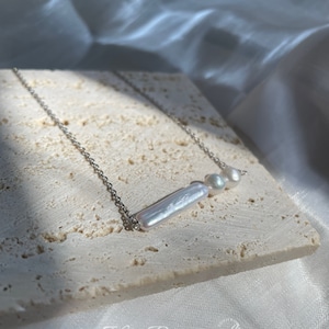 Hight Luster White Fresh Water Biwa Pearl Flat Stick Bead Necklace