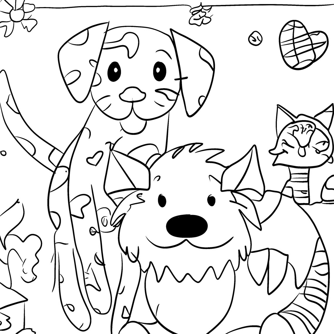 Dog and Cat Coloring Page, Printable Adult Kids Coloring Pages