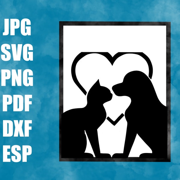 Dog and Cat Love Friends Silhouette Clipart,Cat and Dog Svg Cut Files For Cricut,Pet Png,Love Heart Cat and Dog Instant Download,Best friend