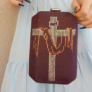 Borsa a tracolla in velluto viola con ricamo a croce in argento, borsa fatta a mano