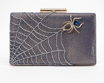 Blue Spider Brooch Clutch - Navy Suede Purse, Embroidered Patent Leather Bag