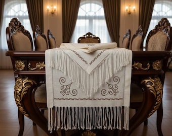 Antique Beige Linen 2-Piece Table Console Runner: Hand Embroidered Bohemian Home Decor