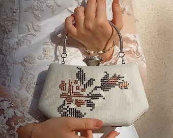 White Suede Clutch Bag: Rose Embroidery, Silver Handle, Vintage Bridal Style