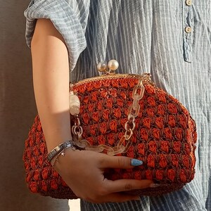 Pomarańczowy, Pustynny Brąz. Torba z włóczki papierowej na szydełku – Ręcznie robiona – Torba w stylu miejskim Boho – Ekologiczna torba na co dzień – Torba w stylu Boho na prezent dla kobiet,