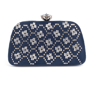 Navy Blue Crystal Clip Evening Bag: Handmade Clutch Bag with Silver Embroidery.