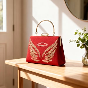 Rot Wildleder Gold Clutch Bag: Engelsflügel Gestickte Weihnachtstasche