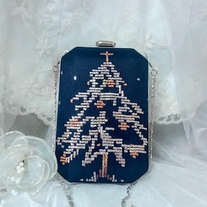 Borsa da sera in argento con ricamo ad albero, in pelle scamosciata blu navy, design fatto a mano, borsa con catena in argento, scatola per articoli speciali, borsa regalo.