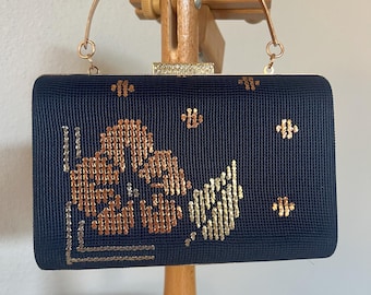 Navy Blue Suede Flower Bag,Embroidered Gold Top Handle Evening Bag