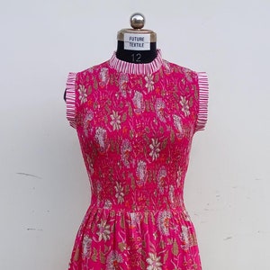 Hand Block Printed Cotton Maxi Dress: Sleeveless Smocked Summer Dress