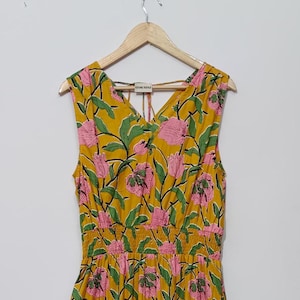 Handblock Cotton Dress: Floral Print Sleeveless Long Dress