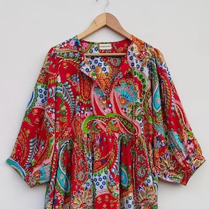 Handblock Floral Cotton Dress: Summer Gauze Block Print
